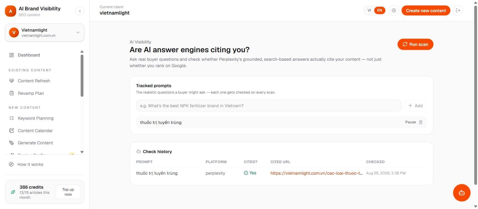 AI Visibility scan results per tracked prompt