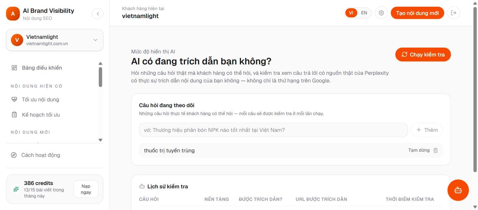 Kết quả kiểm tra AI Visibility theo từng câu hỏi