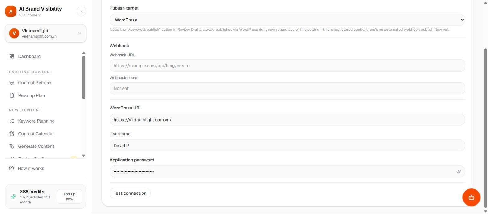 WordPress connection status and publish history